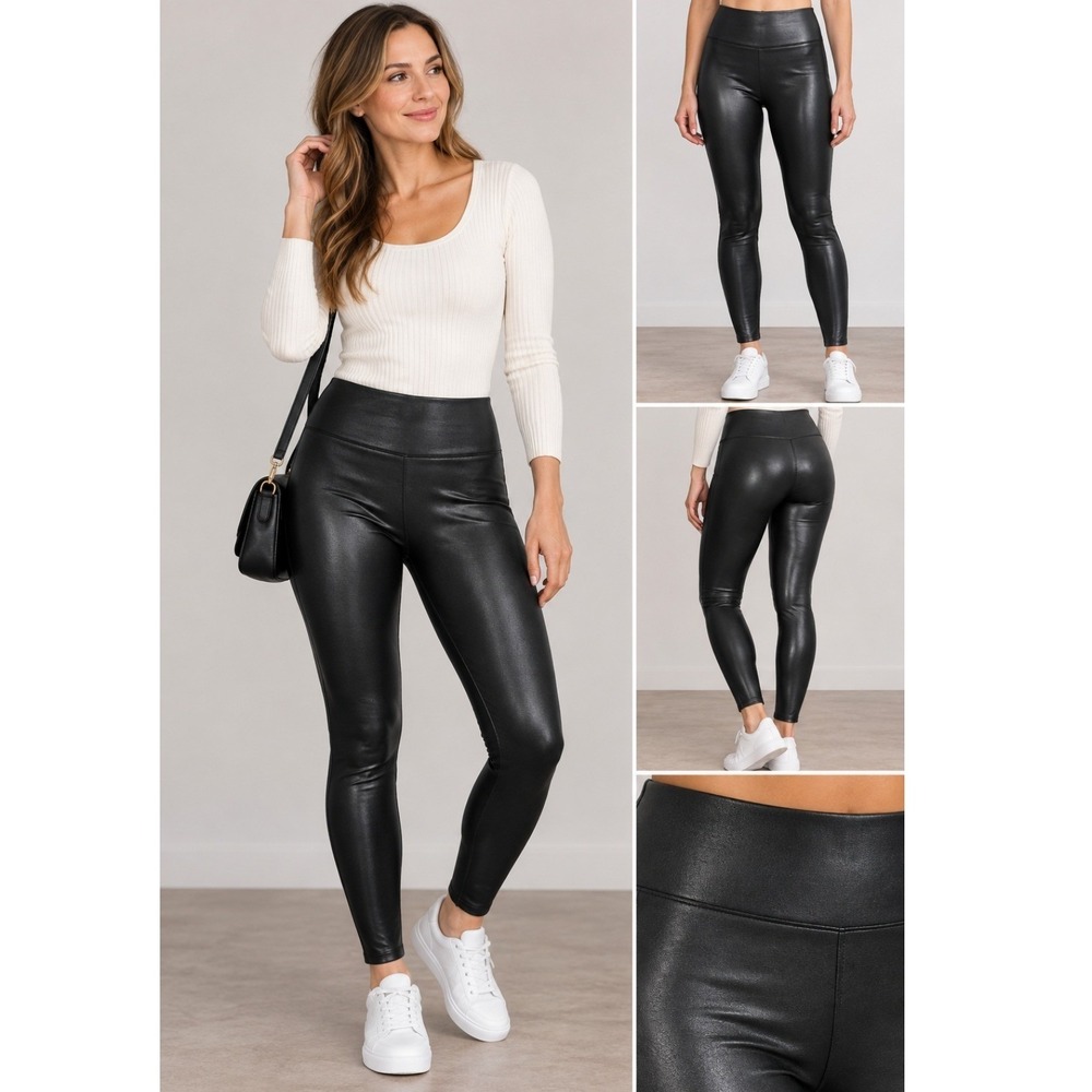 SPANX Faux Leather Leggings Black Size Medium High Waisted Shaping Compression